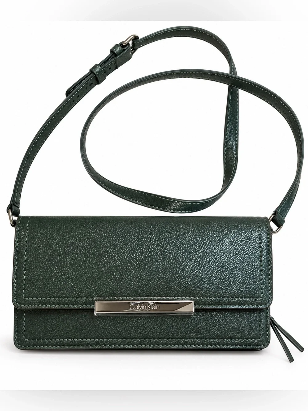 Calvin Klein Green Textured Leather Wallet on a String Crossbody Bag